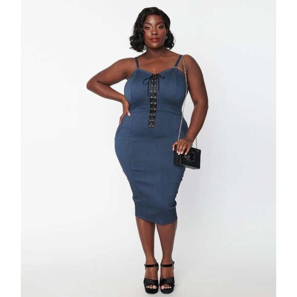 Unique Vintage Plus Size Dark Denim Corset Ellison Wiggle Dress 1X/16 - Picture 5 of 13